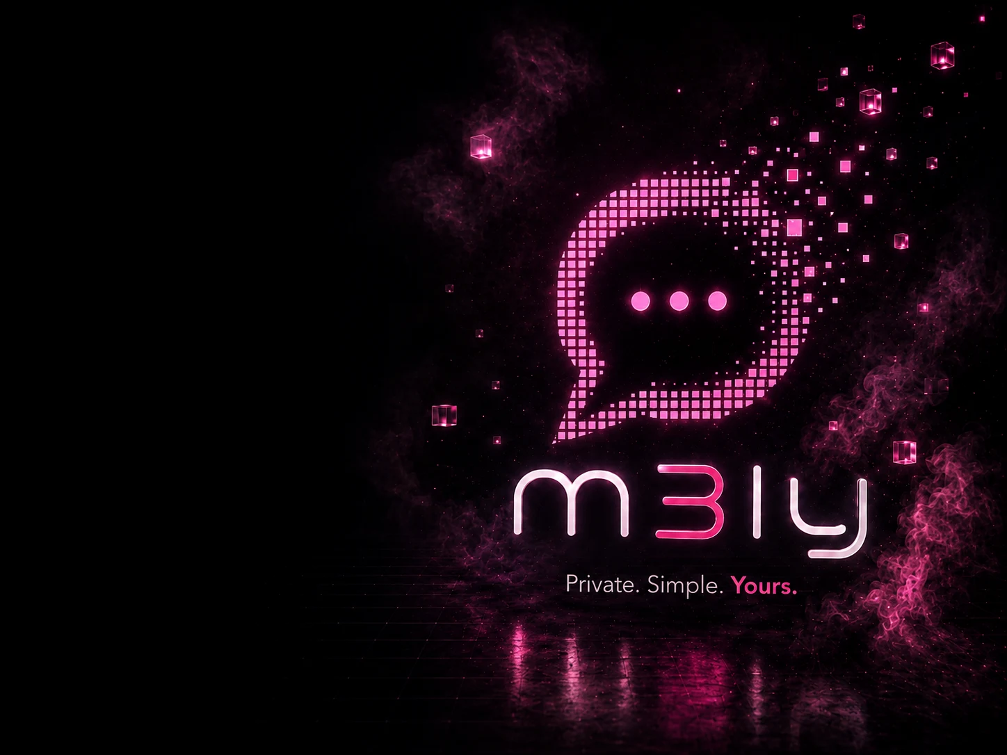 M3LY pixel speech-bubble and wordmark floating in magenta smoke